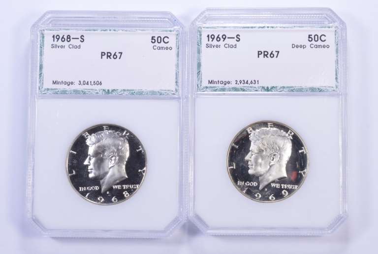 (2) PR67 1968-S & 1969-S Silver Clad Kennedy Half Dollars - Graded PCI