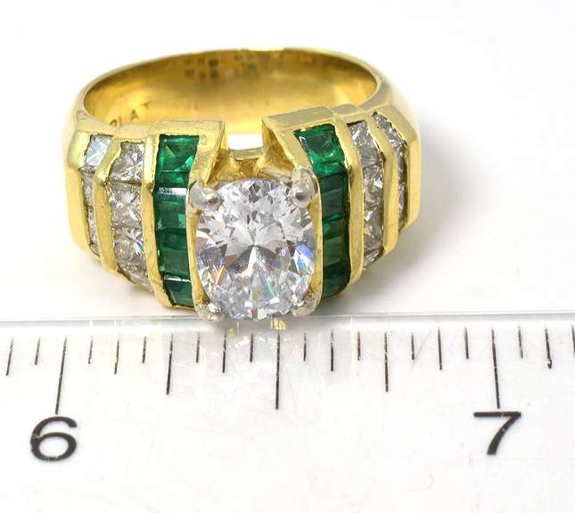 Powerful CZ, Diamond, & Emerald Ring in 18KT Yellow Gold