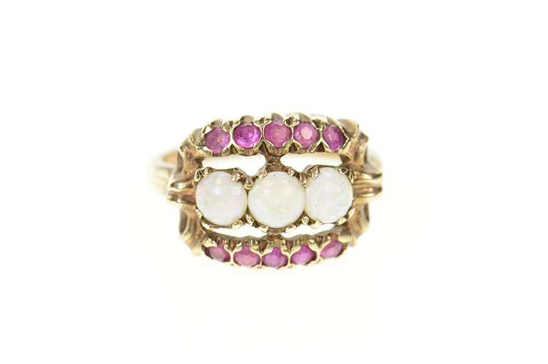 10K Yellow Gold Ornate Victorian Natural Opal Ruby Statement Ring