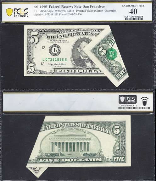 $5 1995 FRN Printed Fold Great Eye Appeal PCGS BN Extremely Fine 40