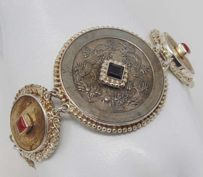 Sterling Silver Signed Sajen Coin & Stone Bracelet
