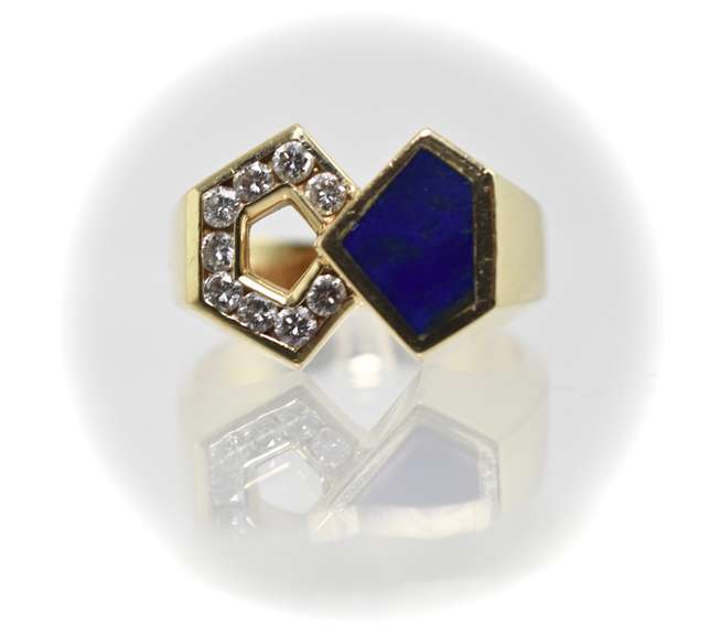 Contemporary Unisex Lapis and Diamond 14K Ring