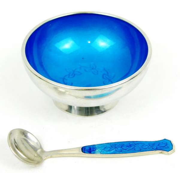 Vintage Denmark MEKA Sterling Enamel Salt Bowl & Spoon