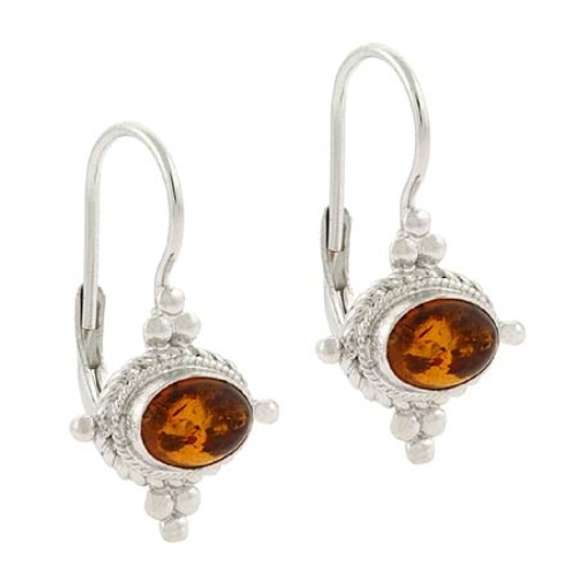 Sterling Silver Amber Stone & Bali Bead LeverBack Earrings