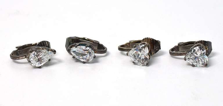 2 Pairs CZ Hear Clip-On Earrings in Sterling Silver