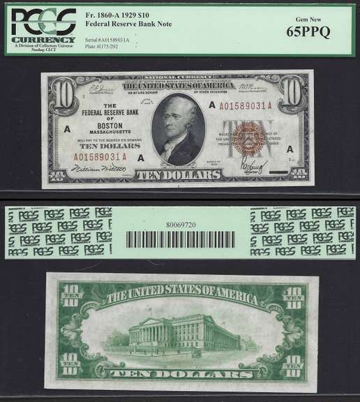 $10 1929 FRBN Boston Fr.1860-A PCGS Gem New 65PPQ