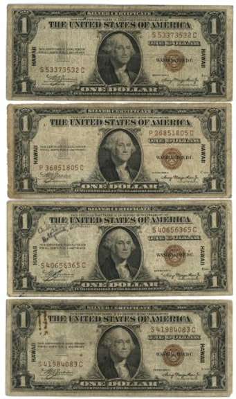 4 Series of 1935-A $1 Hawaii Silver Certificate notes