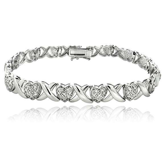 Silver Tone 1/2 Ct Diamond X & Heart Bracelet