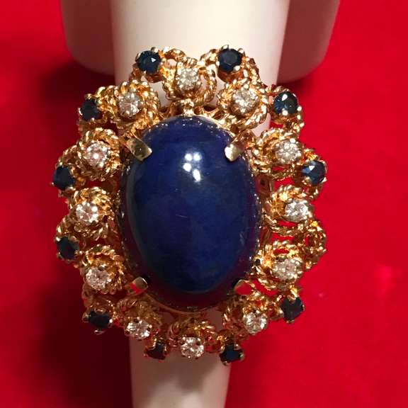 LADIES 18K DIAMOND , SAPPHIRE AND BLUE LAPIS RING / BROOCH