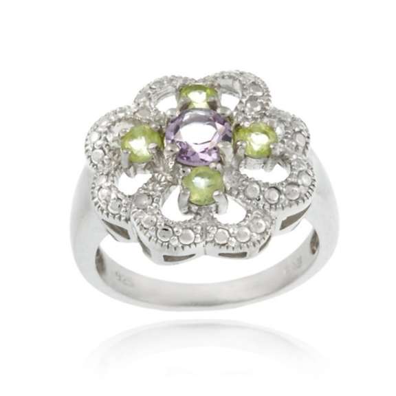 Sterling Silver Amethyst, Peridot and Diamond Accent Flower Design Ring