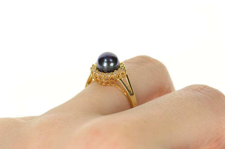 14K Yellow Gold Blue Pearl Diamond Halo Statement Ring