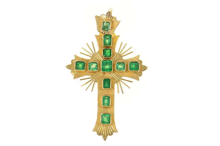 18K Yellow Gold 3.47 Ctw Victorian Natural Emerald Cross Pendant