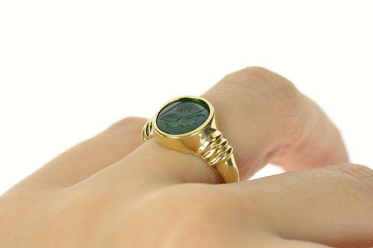14K Yellow Gold Oval Carved Green Agate Intaglio Wax Seal Ring