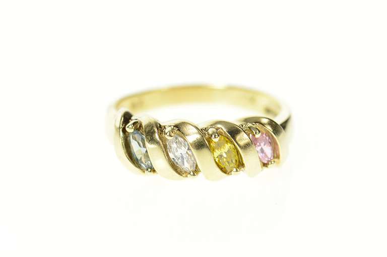 10K Yellow Gold Marquise CZ Pink Blue & Yellow Topaz Band Ring