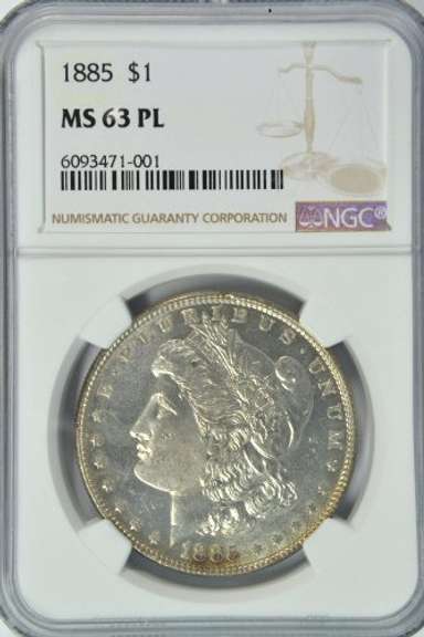 Choice BU PL 1885 Morgan Silver Dollar. NGC MS63 PL