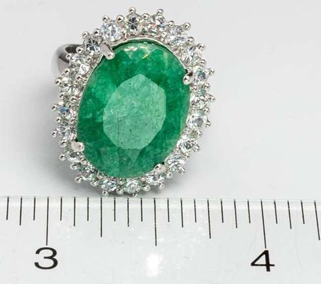 Gorgeous Massive 11.68CTS Emerald & White Topaz Ring in Sterling