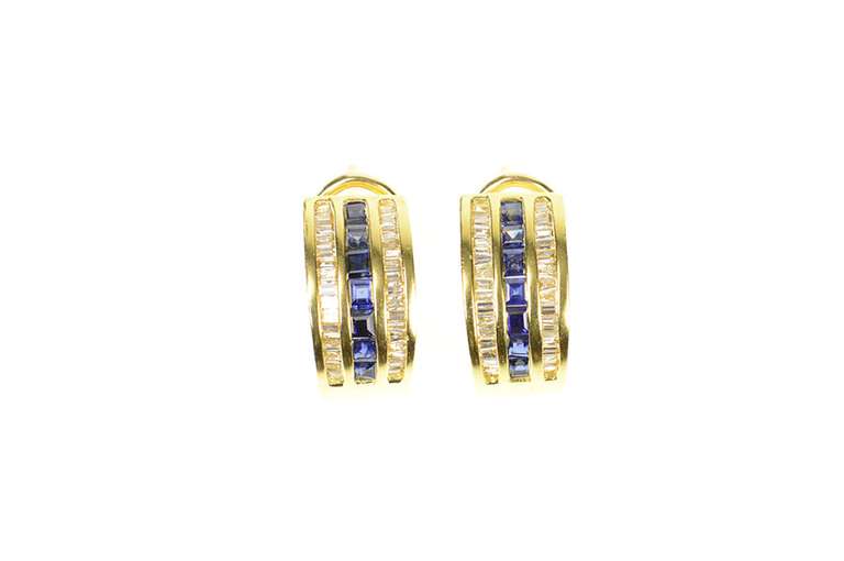14K Yellow Gold 1.40 Ctw Sapphire Diamond French Clip Hoop Earrings