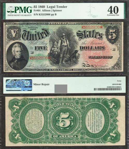 $5 1869 Legal Tender Fr. 64, Woodchopper=Rainbow=PMG XF 40