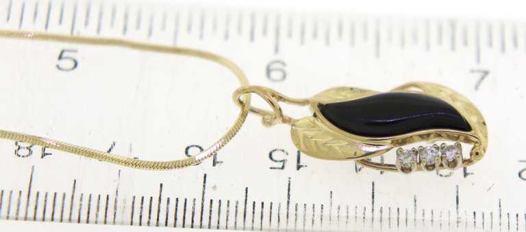 Wonderful 14kt YG Set of Black Onyx Leaf Design Necklace & Earrings