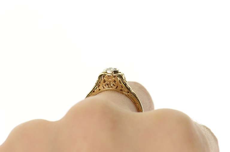 10K Yellow Gold Art Deco Floral Filigree Diamond Engagement Ring