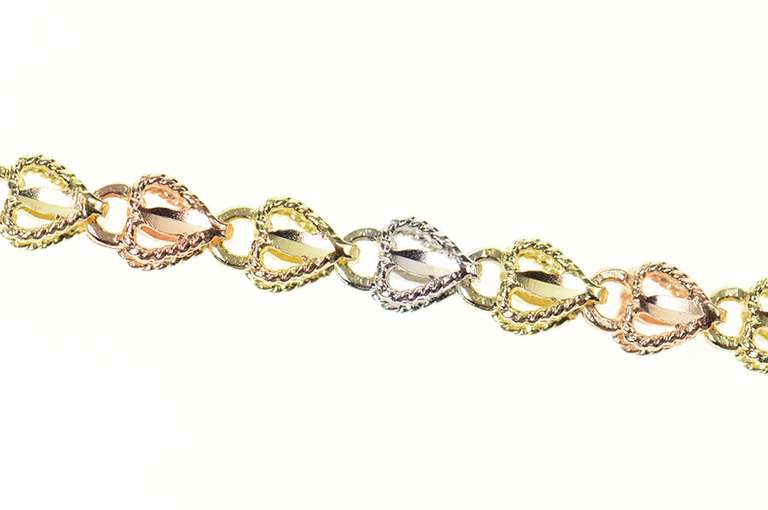 10K Yellow Gold Tri Tone Diamond Cut Heart Link Bracelet