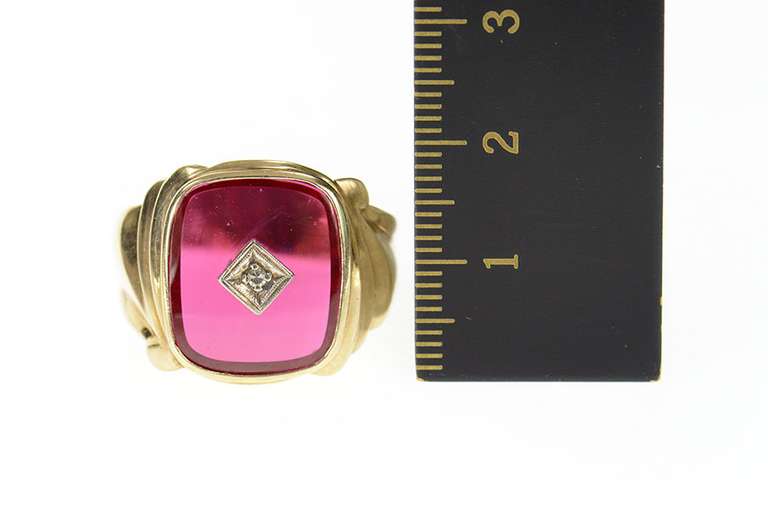 10K Yellow Gold Men's Retro Syn. Ruby Diamond Statement Ring