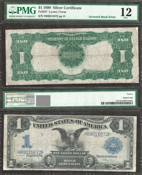 $1 1899 Silver Certificate Fr.227=Error=Inverted Back Black Eagle=PMG Fine 12