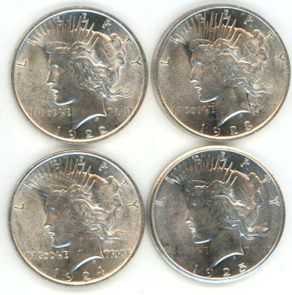 4 Flashy-white Choice BU 1922-1925 Peace Silver Dollars