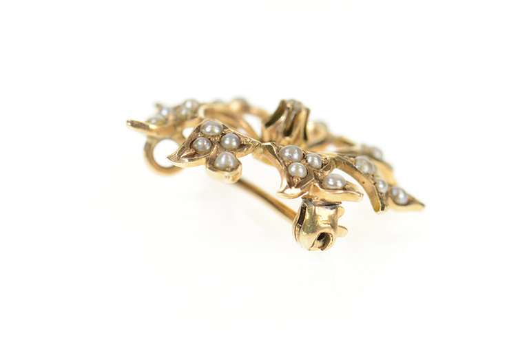10K Yellow Gold Victorian Seed Pearl Scroll Diamond Pendant/Pin