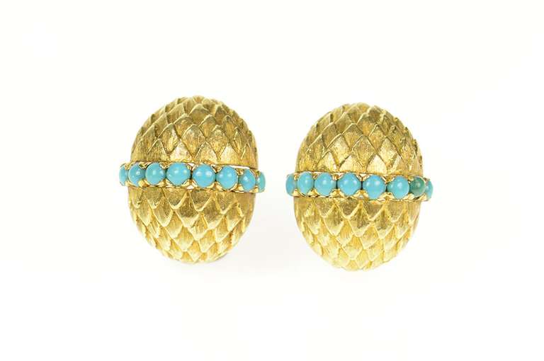18K Yellow Gold Retro 1940's Ornate Turquoise Clip Back Earrings