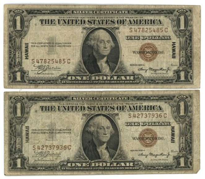 2 Series of 1935-A $1 Hawaii Silver Certificate notes