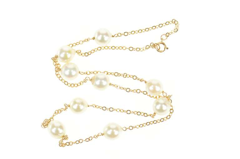 14K Yellow Gold 7.3mm Pearl Beaded Chain Link Necklace