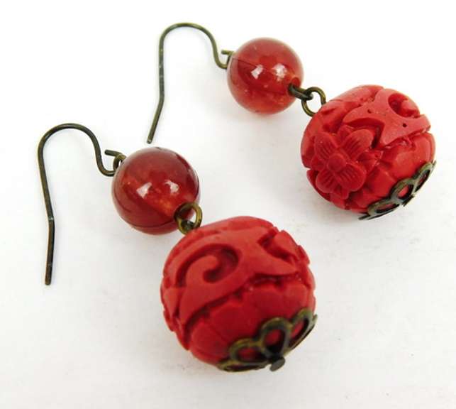 Carved Cinnabar Pierced Earrings