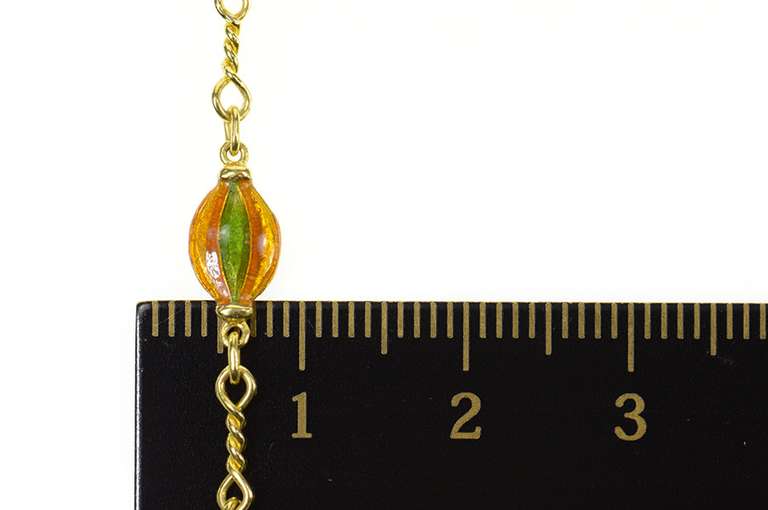 18K Yellow Gold Retro Orange Green Enamel Statement Chain Necklace