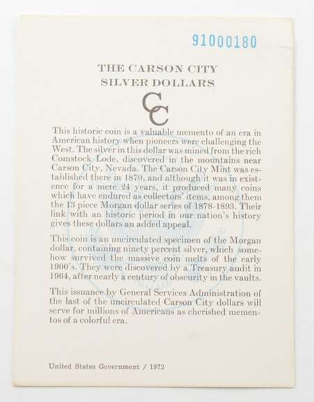 1891 Carson City Morgan Silver Dollar GSA COA