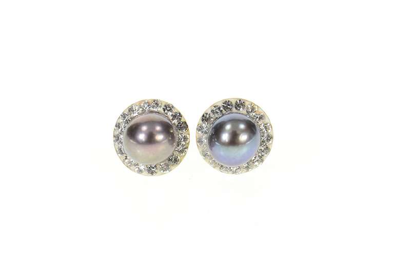 10K Yellow Gold Black Pearl Rhinestone Halo Accent Stud Earrings
