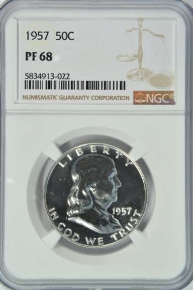 Near perfect Gem PF 1957 Franklin Half Dollar. NGC PF68