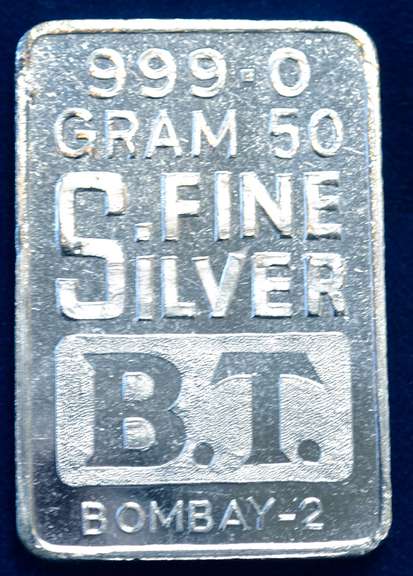 Vintage 50 Gram 999 Fine Silver Bar  Bombay Bar
