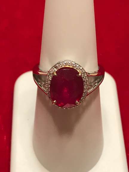 14K Ruby Split Shank Ring with Diamond Halo
