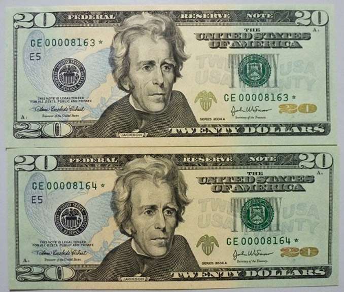 (2) Gem Crisp 2004A $20 Star Federal Reserve Notes-Scarce Consecutive Four Digit Serial Numbers!