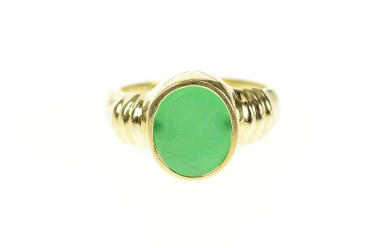 14K Yellow Gold Oval Carved Green Agate Intaglio Wax Seal Ring