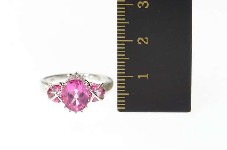 10K White Gold Oval Syn. Pink Sapphire Diamond Accent Ring