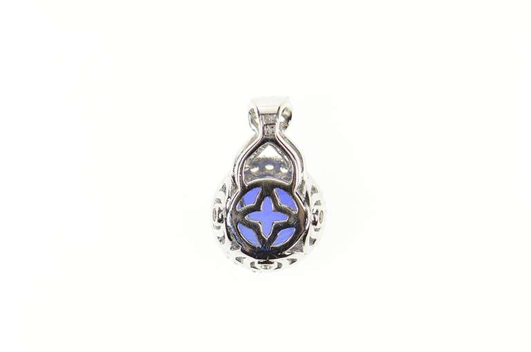 14K White Gold Ornate Round Syn. Sapphire Halo Statement Pendant