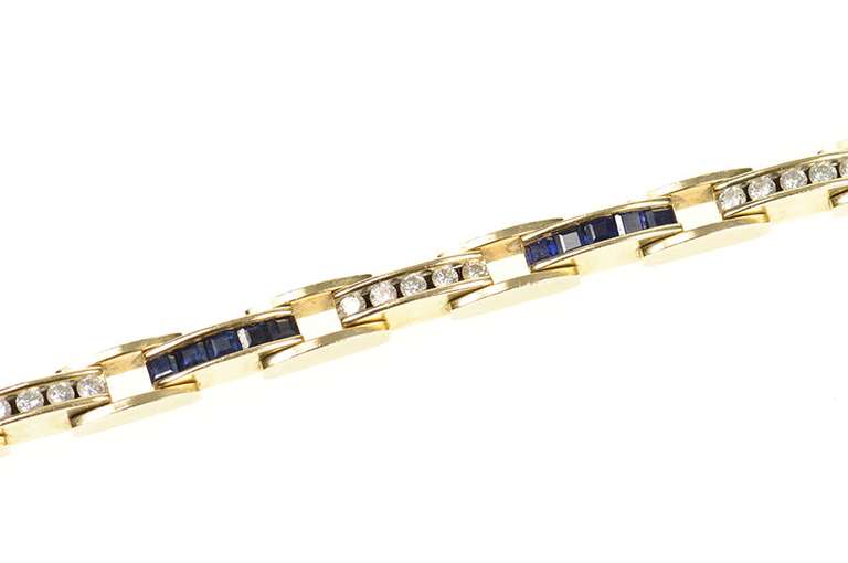 14K Yellow Gold 2.55 Ctw Sapphire Diamond Bar Link Tennis Bracelet