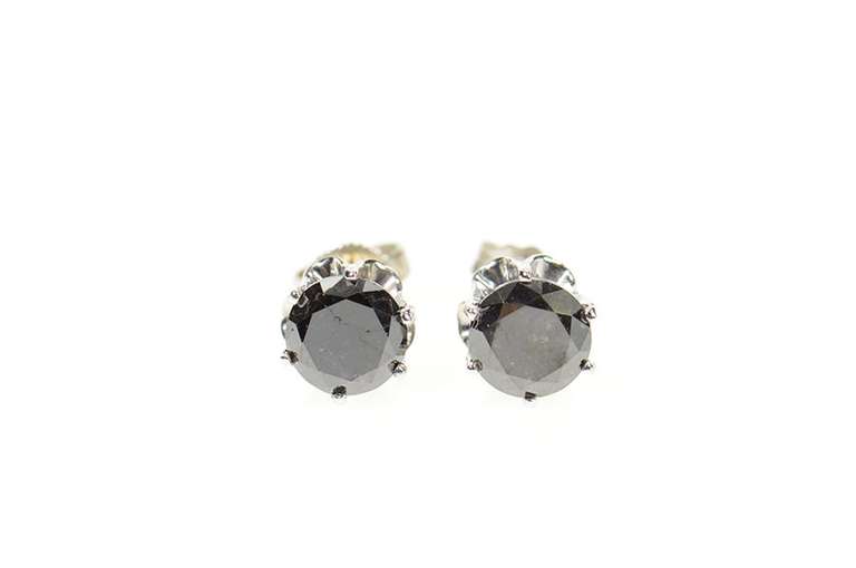 14K White Gold 3.56 Ctw Black Diamond Solitaire Stud Earrings