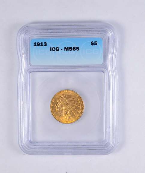 MS65 1913 $5.00 Indian Head Gold Half Eagle - MXXX - Graded ICG