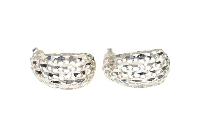 14K White Gold Diamond Cut Lattice Rounded Semi Hoop Earrings