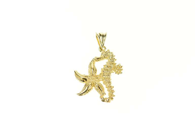 14K Yellow Gold Seahorse Sea Star Fish Ocean Animal Motif Pendant