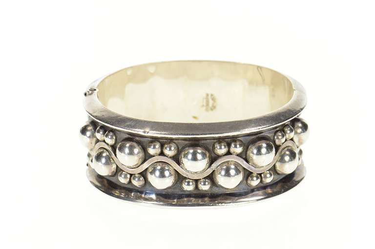Sterling Silver Wavy Dot Pattern Ornate Statement Bangle Bracelet