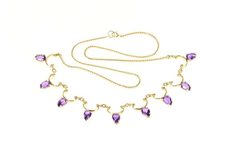 14K Yellow Gold Pear Amethyst Scalloped Drop Fringe Chain Necklace